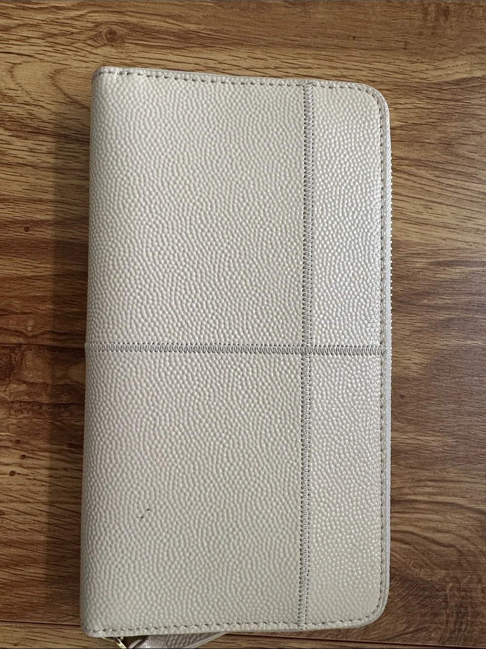Tory Burch Pebbled Cream Zip-Around Wallet with Gold Logo